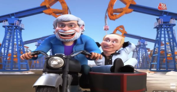 Индийская анимация: Путин и Моди едут на мотоцикле и крадут шляпу Трампа ВИДЕО